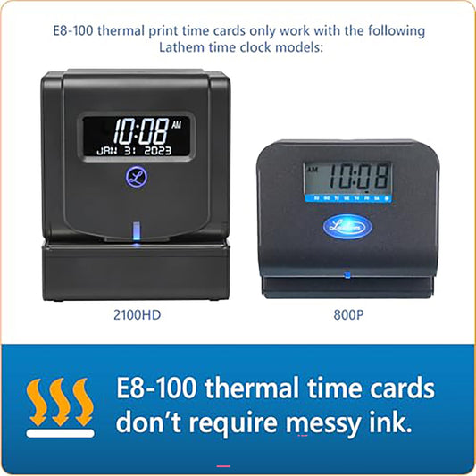 Lathem Weekly Thermal Print Time Cards, Single Sided 2100HD and 800P Time Clocks, 9", 100 Pack (E8-100)