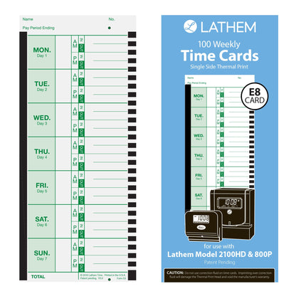 Lathem Weekly Thermal Print Time Cards, Single Sided 2100HD and 800P Time Clocks, 9", 100 Pack (E8-100)
