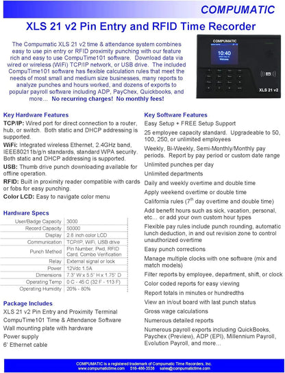 Compumatic XLS 21 V2 Pin Entry & Proximity Badge Time Clock
